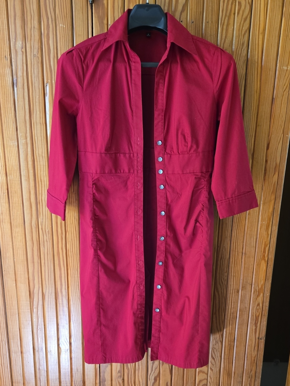Express Red Button-Front Ruched Shirt Dress